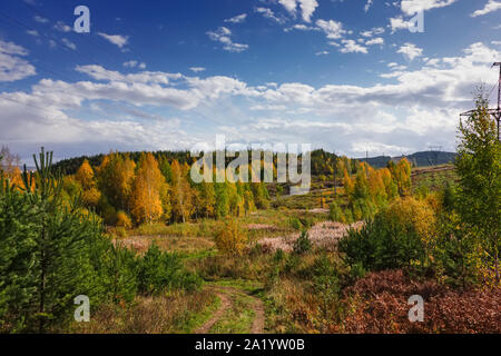 Herbst Landschaft bunte Laub von Bäumen in den Bergen gegen den Himmel und Wolken. Anfang Herbst. Stockfoto