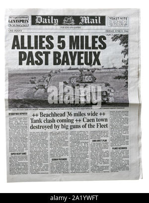 Eine Reproduktion Titelseite der Daily Mail, ab dem 9. Juni 1944 mit Nachrichten über die alliierte Invasion von Frankreich nach dem D-Day. Stockfoto