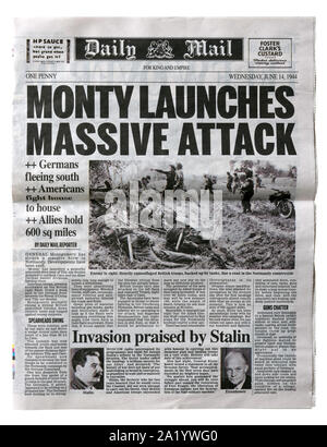 Eine Reproduktion Titelseite der Daily Mail vom 14. Juni 1944 mit Nachrichten über die alliierte Invasion von Frankreich nach dem D-Day. Stockfoto