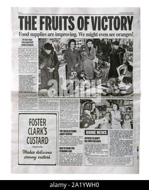 Eine Reproduktion zurück Seite der Daily Mail mit Nachrichten, die Nahrungsmittel in Großbritannien erhöhen Nach dem D-Day. Stockfoto