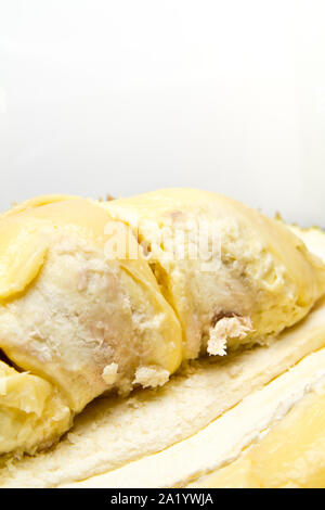 Nahaufnahme der durian Fleisch mit hellen Hintergrund Stockfoto