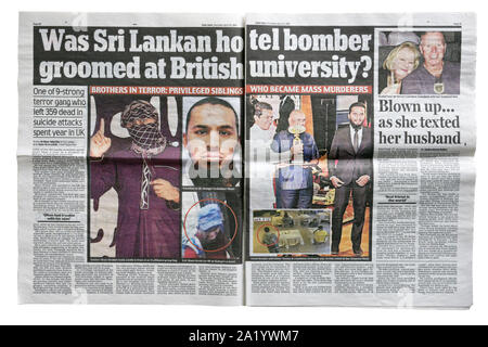 Die inneren Seiten der Daily Mail über die Sri Lanka bombardierungen an Ostern 2019 Stockfoto