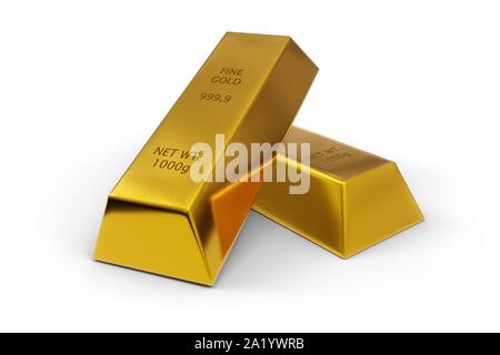 Zwei glänzend Gold Barren oder Balken auf weissem Hintergrund - Edelmetalle oder Geld Investitionen Konzept, 3D-Darstellung Stockfoto