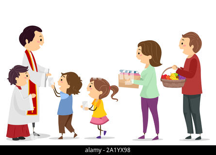 Abbildung: Stickman Familie die Verbringung von Bargeld in Briefumschlägen, gebrauchte Kleidung und ein Obstkorb bietet für die breite Masse Stockfoto