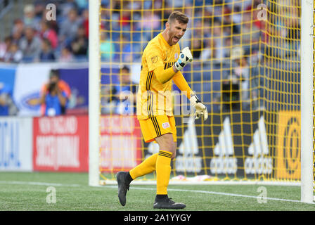 Gillette Stadium. 29 Sep, 2019. MA, USA; New England Revolution Torhüter Matt Turner (30) reagiert, während ein MLS-Match zwischen New York City FC und New England Revolution am Gillette Stadium. Anthony Nesmith/CSM/Alamy leben Nachrichten Stockfoto