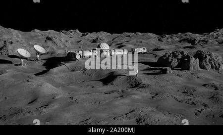 Astronauten auf dem Mond Oberfläche, mondlandschaft mit permanenter Basis Stockfoto