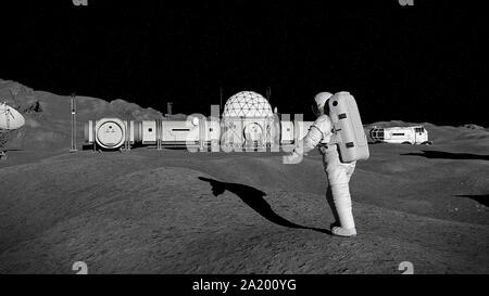 Astronauten auf dem Mond Oberfläche, Mondlandschaft mit Raum Lebensraum Stockfoto