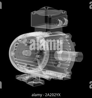 Elektromotor X-Ray-Stil. Auf schwarzem Hintergrund isoliert. 3D-Darstellung Stockfoto