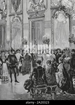 España. Madrid. Baile de trajes en El Palacio de Los Duques de fernán-núñez. Präsentation de la comparsa 'La Commedia dell'Arte ante-SS. Mm.los reyes Alfonso XII (1857-1885) y María Cristina de Habsburgo-Lorena (1858-1929) y SS. AA. RR. los infantes Doña Paz y Don Fernando. Dibujo por Juan Comba. Las Mejores. Grabado por Arturo Carretero. La Ilustración Española y Americana, 15 de marzo de 1884. Stockfoto