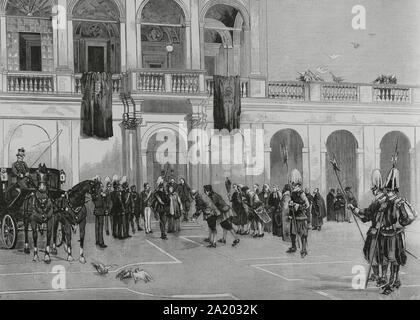 Italia. Roma. El Principe heredero Friedrich Wilhelm Nikolaus Karl von Preuben (1831-1888), futuro Federico III de Alemania, visita el Vaticano y al Papa León XIII (1810-1903) de la tarde del 18 de November de 1883. Llegada del Príncipe al'Cortile' del Vaticano. El Maestro de Cámara de la Corte Pontificia Luigi Macchi (1832-1907), Verkauf al Encuentro del Príncipe. Grabado por Arturo Carretero (1852-1901). La Ilustración Española y Americana, 22 de Enero de 1884. Stockfoto