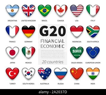 G 20. Gruppe von 20 Ländern und Mitgliedschaft Flagge. Internationale Vereinigung der Regierung econimic und finanziellen. Herz-Taste mit glänzenden Glas c Stock Vektor