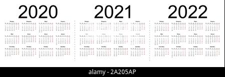 Kalender Grid für 2020, 2021 und 2022 Jahren. Einfache horizontale Vorlage in russischer Sprache. Isolierte Vector Illustration auf weißem Hintergrund. Stock Vektor