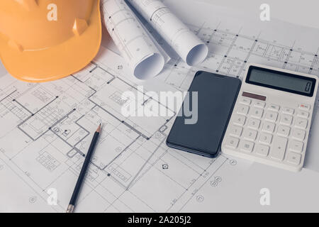 Architekt, Ingenieur Konzept, stellt die Arbeitsweise von Architekten, Ingenieuren und Konstruktionszeichnungen Stockfoto