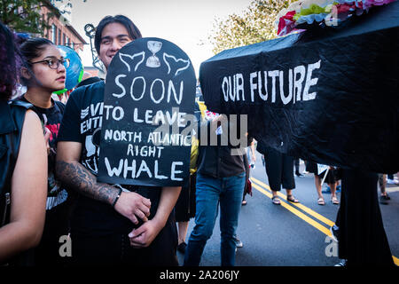 Brooklyn, Vereinigte Staaten. 29 Sep, 2019. Aussterben Rebellion Park Slope hält einen Stil von New Orleans Beerdigung Prozessionen mit Musikern und pallbearers Särge tragen Sie die Länge der Atlantic Antic Street Fair in Brooklyn, New York am Sonntag, den 29. September 2019. (Foto von Gabriele Holtermann-Gorden/Pacific Press) Quelle: Pacific Press Agency/Alamy leben Nachrichten Stockfoto