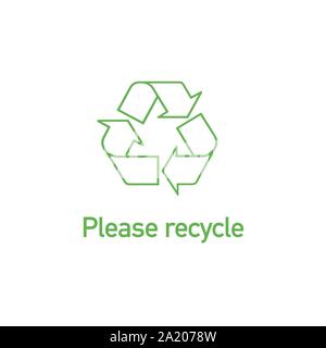 Grüne lineare Papierkorb Icon mit Text Bitte recyceln. Vektor Illustration auf weißem Hintergrund. Stock Vektor