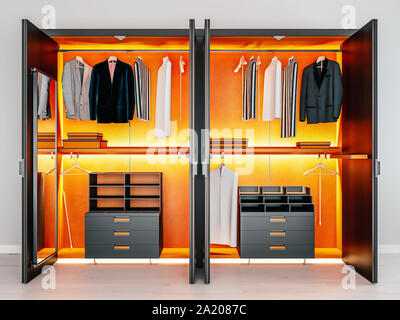 Moderne Aus Holz Mit Kleidung Hangend Auf Der Schiene In Begehbaren Schrank Design Interieur 3d Rendering Stockfotografie Alamy