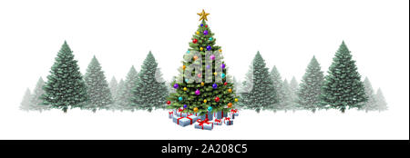 Weihnachtsbaum horizontalen Rand mit Pinien auf einem weißen Hintergrund als festliches immergrünen Wald mit Geschenken und Dekorationen. Stockfoto