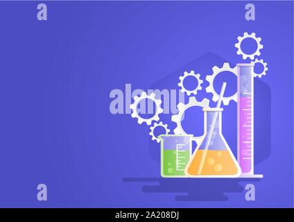 Laborglas Instrumente, Becher, Kolben, Ausrüstung für chemische Labor mit Zahnrädern Symbol. Vector Illustration Flacher Stil für Wissenschaft, Industrie, Stock Vektor