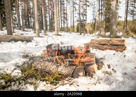 Kochen in einer Winterwanderung im Kessel über dem Feuer in der Verschneiten Kiefernwald beim Camping an einem sonnigen Tag, aus dem Kessel kommen Va Stockfoto