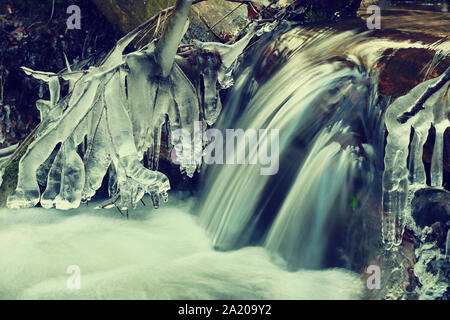 Eiszapfen hängen an Zweigen und eisigen Rinde über Chili rapid Stream. Winter Mountain Stream lange dünne Eiszapfen hängen von gefallenen Stamm. Stockfoto