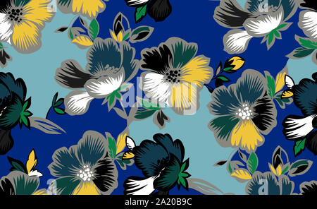 Nahtloses Design mit bunten Blumen auf blauem Hintergrund. Stockfoto