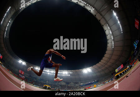 Doha, Katar. 29 Sep, 2019. Christian Taylor von den USA konkurriert bei Triple des Männer springen Finale bei den IAAF Leichtathletik WM 2019 in Doha, Katar, Sept. 29, 2019. Credit: Wang Lili/Xinhua/Alamy leben Nachrichten Stockfoto