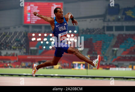 Doha, Katar. 29 Sep, 2019. Christian Taylor von den USA konkurriert bei Triple des Männer springen Finale bei den IAAF Leichtathletik WM 2019 in Doha, Katar, Sept. 29, 2019. Credit: Wang Lili/Xinhua/Alamy leben Nachrichten Stockfoto