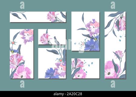 Vektor florale Vorlagen mit blauen, rosa Blüten. Stock Vektor