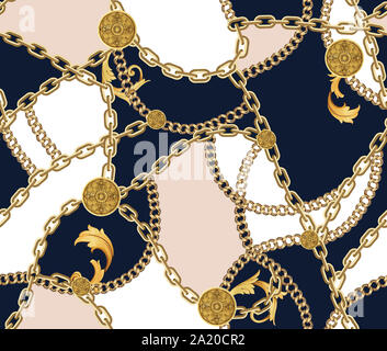 Mode nahtlose Muster mit goldenen Ketten auf dunklem Blau, Hellbraun und weißen Hintergrund. Stoff Design Hintergrund mit Kette. Stockfoto