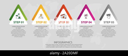 Vektor Infografik Vorlage mit Dreiecken und fünf Pfeile. Business geometrische Konzept mit 5 Optionen, Teile, Schritte. Wie timeline, Workflow verwendet Stock Vektor