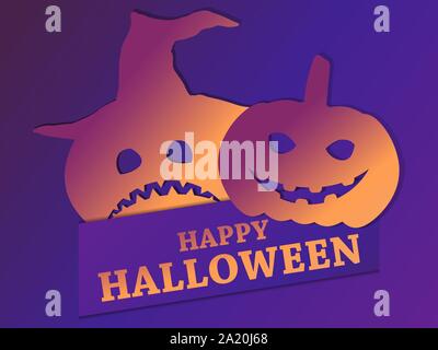 Happy Halloween, den 31. Oktober. Grußkarte mit Kürbissen und Gradient. Kürbisse mit unheimlichen Gesichter, Emotionen. Vector Illustration Stock Vektor