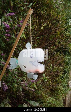 Eine Laterne während der jährlichen neuen Mühlen Laternenumzug verwendet zwei Tage zuvor hängt von einer Hecke im Vorgarten. Stockfoto