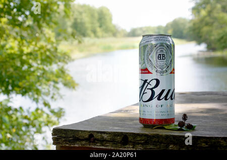 Kharkov, Ukraine - August 10, 2019: Budweiser Bud Bier kann auf alten hölzernen Tisch draußen am Fluss und grüne Bäume Hintergrund. Budweiser ist einer der Stockfoto