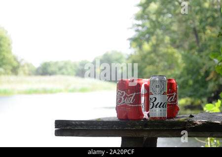 Kharkov, Ukraine - August 10, 2019: Budweiser Bud Bier kann auf alten hölzernen Tisch draußen am Fluss und grüne Bäume Hintergrund. Budweiser ist einer der Stockfoto