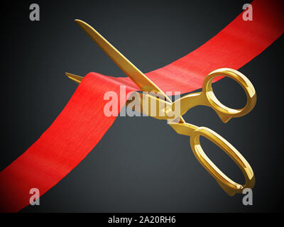 Goldene Schere schneiden Red Ribbon. 3D-Darstellung. Stockfoto