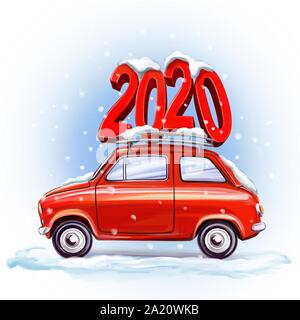 2020 Große Zahlen auf dem Auto. Symbol für das neue Jahr, Kunst Illustration mit Aquarell auf weißem Hintergrund gemalt Stockfoto