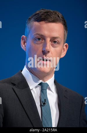 Manchester, Großbritannien. 30 Sep, 2019. Herr James O'Shaughnessy spricht am Tag zwei der Parteitag der Konservativen in Manchester. Quelle: Russell Hart/Alamy leben Nachrichten Stockfoto