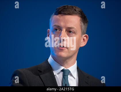 Manchester, Großbritannien. 30 Sep, 2019. Herr James O'Shaughnessy spricht am Tag zwei der Parteitag der Konservativen in Manchester. Quelle: Russell Hart/Alamy leben Nachrichten Stockfoto
