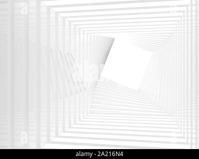 Abstrakte weißen Tunnel Perspektive, twisted Innenraum Hintergrund mit weißen Quadrat leere Kopie Raum am Ende 3D Rendering illustration Stockfoto