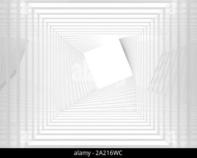 Abstrakte weißen Twisted tunnel Hintergrund, Innenraum mit weißen Quadrat leeres Fenster am Ende 3D Rendering illustration Stockfoto