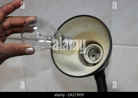 Nahaufnahme der Hand ändern eine Glühbirne in einer Schreibtischlampe, Südafrika. Stockfoto