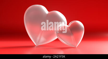 Valentines Tag, zwei Herzen Glas Textur gegen rote Farbe gebogenen Hintergrund. 3D-Darstellung Stockfoto