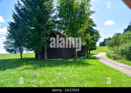 Hütte im Wald anmelden. Stockfoto