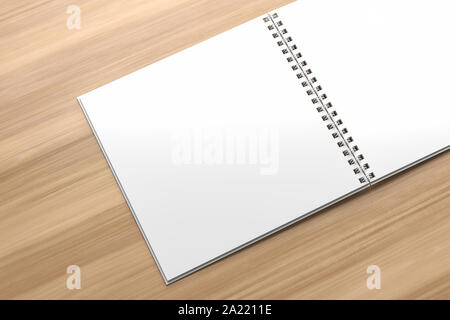 Realistische Spirale binder Square notebook Mock up auf hölzernen Hintergrund isoliert. 3D-Darstellung Stockfoto