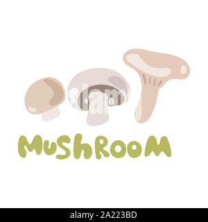 Abstract vector cartoon Symbol Abbildung für die ganze reife Pilze Champignon, slice Pilze. Pilz Symbol, bestehend aus leckeren Rohkost, Farbe Etikett Stock Vektor