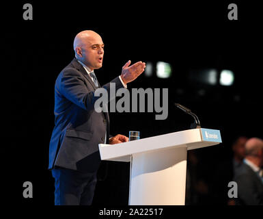 Manchester, Großbritannien. 30 Sep, 2019. MANCHESTER, Großbritannien. Schatzkanzler Sajid Javid liefert seine Grundsatzrede auf dem Parteitag der Konservativen in Manchester. Credit: Dave Johnston/Alamy leben Nachrichten Stockfoto