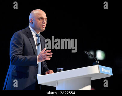 Manchester, Großbritannien. 30 Sep, 2019. MANCHESTER, Großbritannien. Schatzkanzler Sajid Javid liefert seine Grundsatzrede auf dem Parteitag der Konservativen in Manchester. Credit: Dave Johnston/Alamy leben Nachrichten Stockfoto
