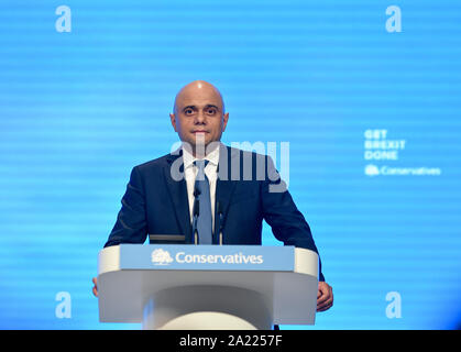 Manchester, Großbritannien. 30 Sep, 2019. MANCHESTER, Großbritannien. Schatzkanzler Sajid Javid liefert seine Grundsatzrede auf dem Parteitag der Konservativen in Manchester. Credit: Dave Johnston/Alamy leben Nachrichten Stockfoto