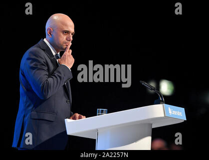 Manchester, Großbritannien. 30 Sep, 2019. MANCHESTER, Großbritannien. Schatzkanzler Sajid Javid liefert seine Grundsatzrede auf dem Parteitag der Konservativen in Manchester. Credit: Dave Johnston/Alamy leben Nachrichten Stockfoto