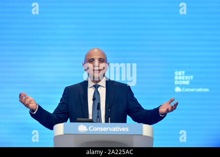 Manchester, Großbritannien. 30 Sep, 2019. MANCHESTER, Großbritannien. Schatzkanzler Sajid Javid liefert seine Grundsatzrede auf dem Parteitag der Konservativen in Manchester. Credit: Dave Johnston/Alamy leben Nachrichten Stockfoto